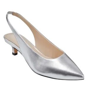 Marc Fisher Posey Leather Silver Kitten Heel Slingback Heels Size 6.5. NEW
